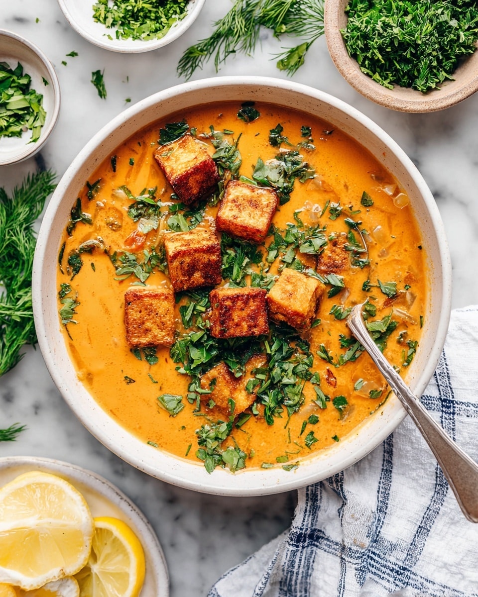 The image shows a white bowl filled with a creamy orange soup topped with golden-brown fried tofu cubes scattered evenly on the surface. Bright green chopped herbs are sprinkled over the soup, adding a fresh look, with a single lemon wedge placed on one side of the bowl. A gray spoon rests inside the bowl, leaning on the edge. Around the bowl, several small white bowls contain fresh chopped green herbs and pieces of fried tofu. The whole setup is on a white marbled surface, with fresh dill and lemon slices in the background. Photo taken with an iphone --ar 4:5 --v 7