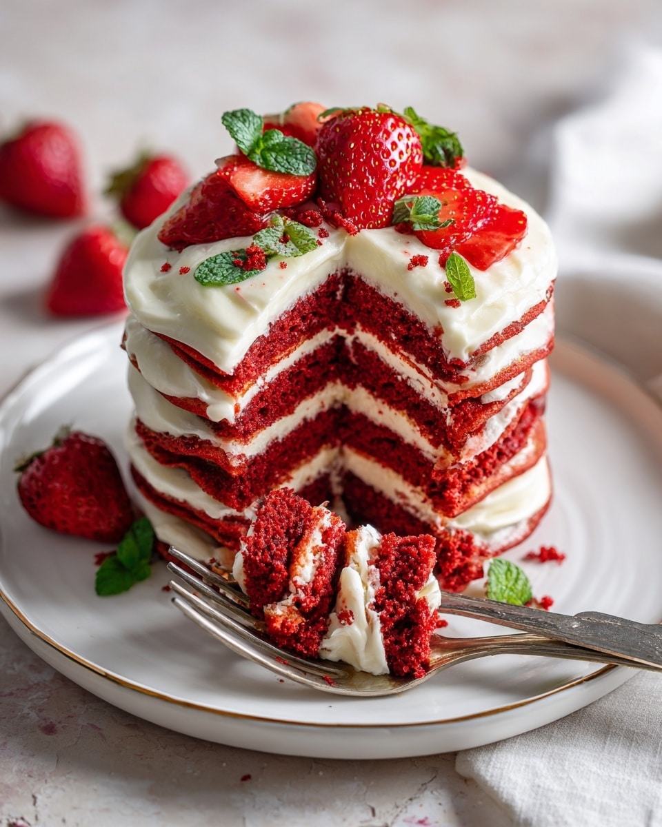 A tall stack of red velvet pancakes with five thick, bright red layers separated by smooth, white cream cheese frosting. On top, the pancakes are covered with a generous layer of the same white frosting, along with fresh red strawberries and small green mint leaves for decoration. A woman's hand is holding a fork cutting into the stack, showing the soft texture of the pancakes and creamy frosting layers clearly. The stack is placed on a white plate with a thin gold rim, resting on a white marbled textured surface with a slightly blurred strawberry and a butter knife in the foreground. Photo taken with an iphone --ar 4:5 --v 7