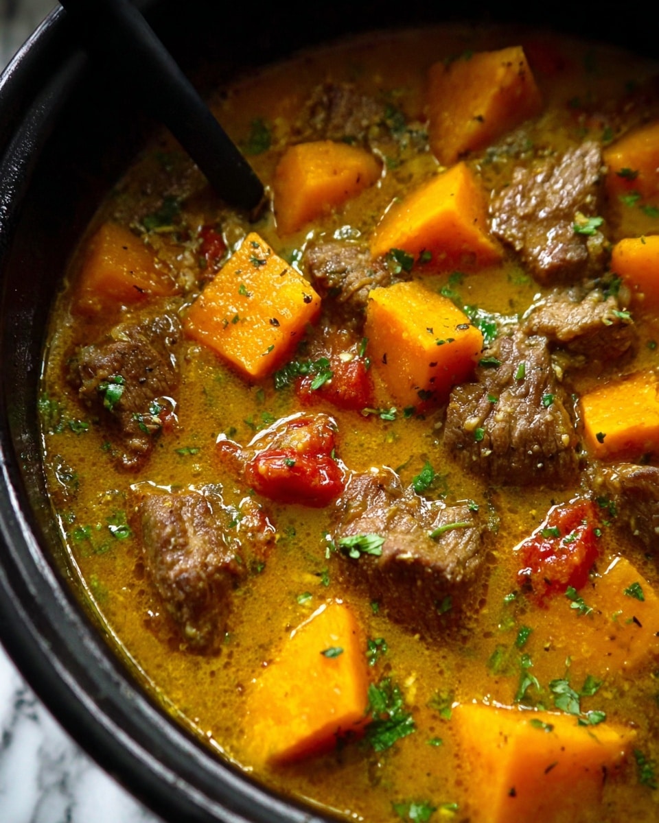 The image shows a close-up of a stew in a black pot, featuring several chunks of brown meat and bright orange cubes of sweet potatoes. The stew has a thick yellowish broth mixed with small pieces of cooked red tomatoes and scattered green herbs sprinkled on top. The surface texture is a little oily from the broth, and some steam rises lightly, showing warmth. A black spoon handle is partially visible at the top left corner, resting inside the pot. The background is a white marbled texture. Photo taken with an iphone --ar 4:5 --v 7