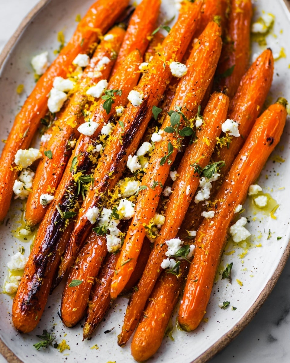 The dish shows a white speckled platter filled with about two layers of bright orange roasted whole carrots, some with slightly charred edges. The carrots are topped with scattered small white crumbles of cheese and finely chopped green herbs. There are also small bits of yellow zest sprinkled over the carrots. A silver vintage spoon lies on the right side of the platter under some carrots. The platter is placed on a gray stone surface with a bowl of white cheese partly visible in the upper left corner and a white striped cloth near the bottom left. photo taken with an iphone --ar 4:5 --v 7
