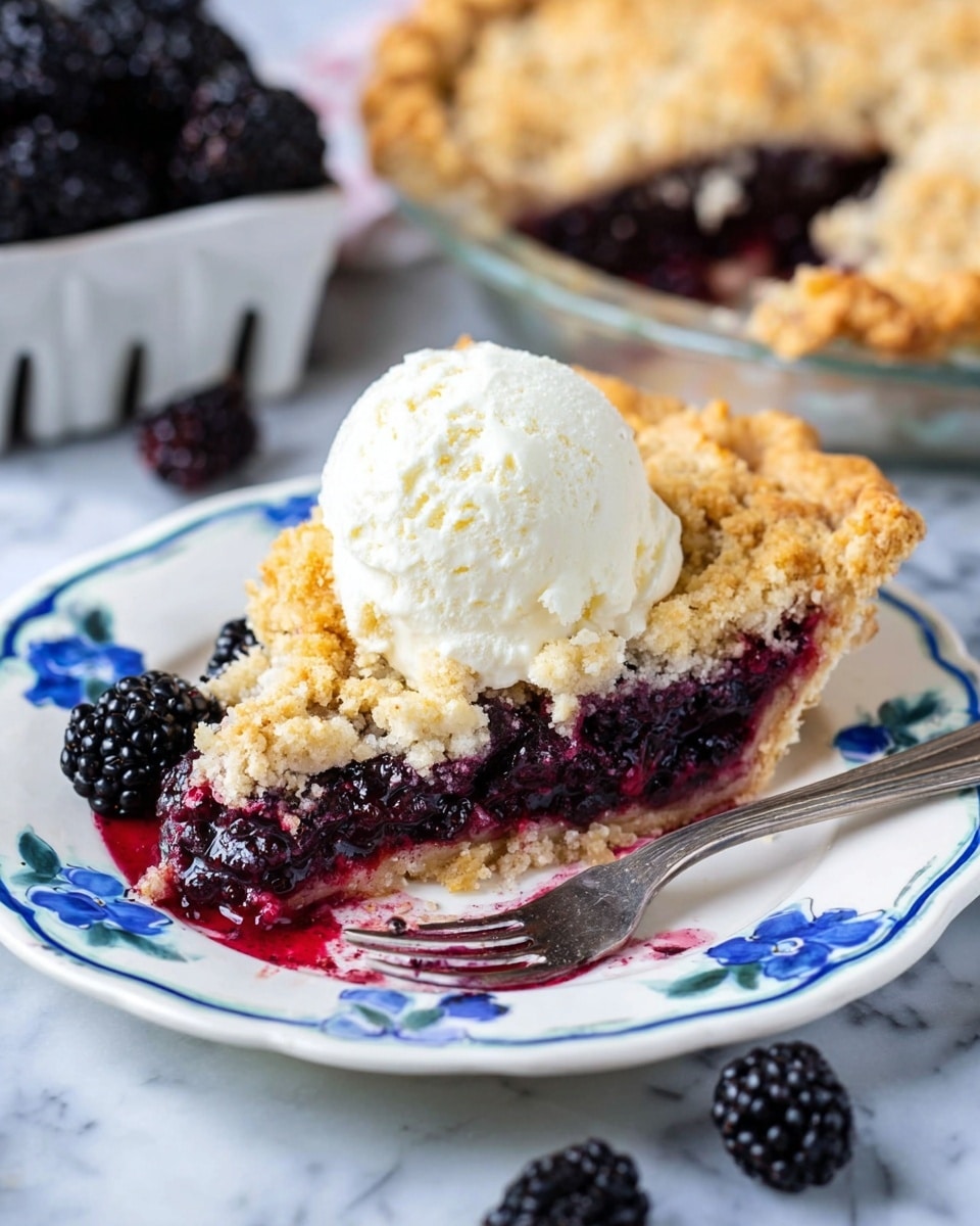 A slice of blackberry pie sits on a white plate, showing three main layers: a golden, flaky crust with a slightly crumbled lattice top, a deep purple blackberry filling bubbling through the crust gaps, and a few whole blackberries placed near the base of the slice. The crust edges are thick and unevenly folded, creating a rustic look, while the filling is juicy and rich, oozing slightly onto the plate. In the background, a full pie with the same lattice crust rests on a striped cloth, all set on a white marbled surface. A white container filled with fresh blackberries and some loose blackberries add a fresh contrast near the pie slice.photo taken with an iphone --ar 4:5 --v 7