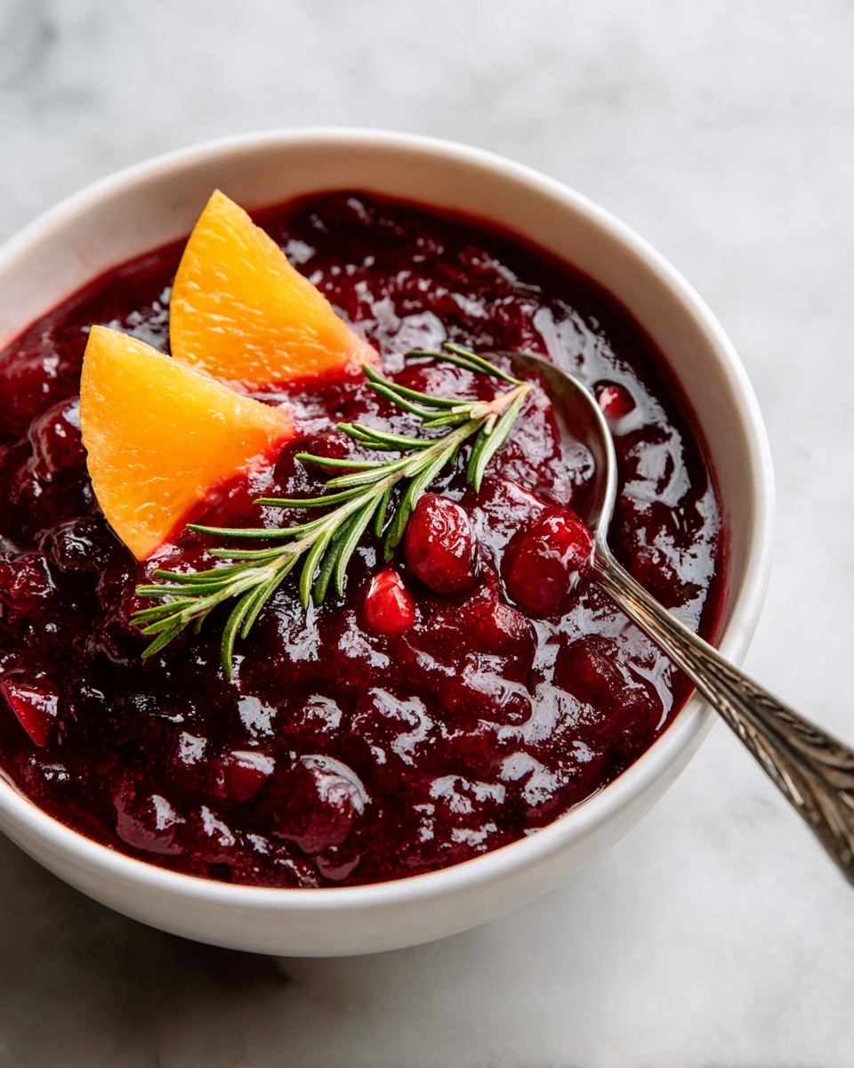 A white bowl filled with a thick layer of deep red cranberry sauce with visible whole cranberries and a shiny texture. On top, there are two small triangular orange slices placed slightly overlapping on the left side, next to a fresh green rosemary sprig that lies horizontally. A silver spoon with a curved handle is inserted on the right side of the sauce, partially covered by the sauce. The bowl sits on a white marbled surface. photo taken with an iphone --ar 4:5 --v 7