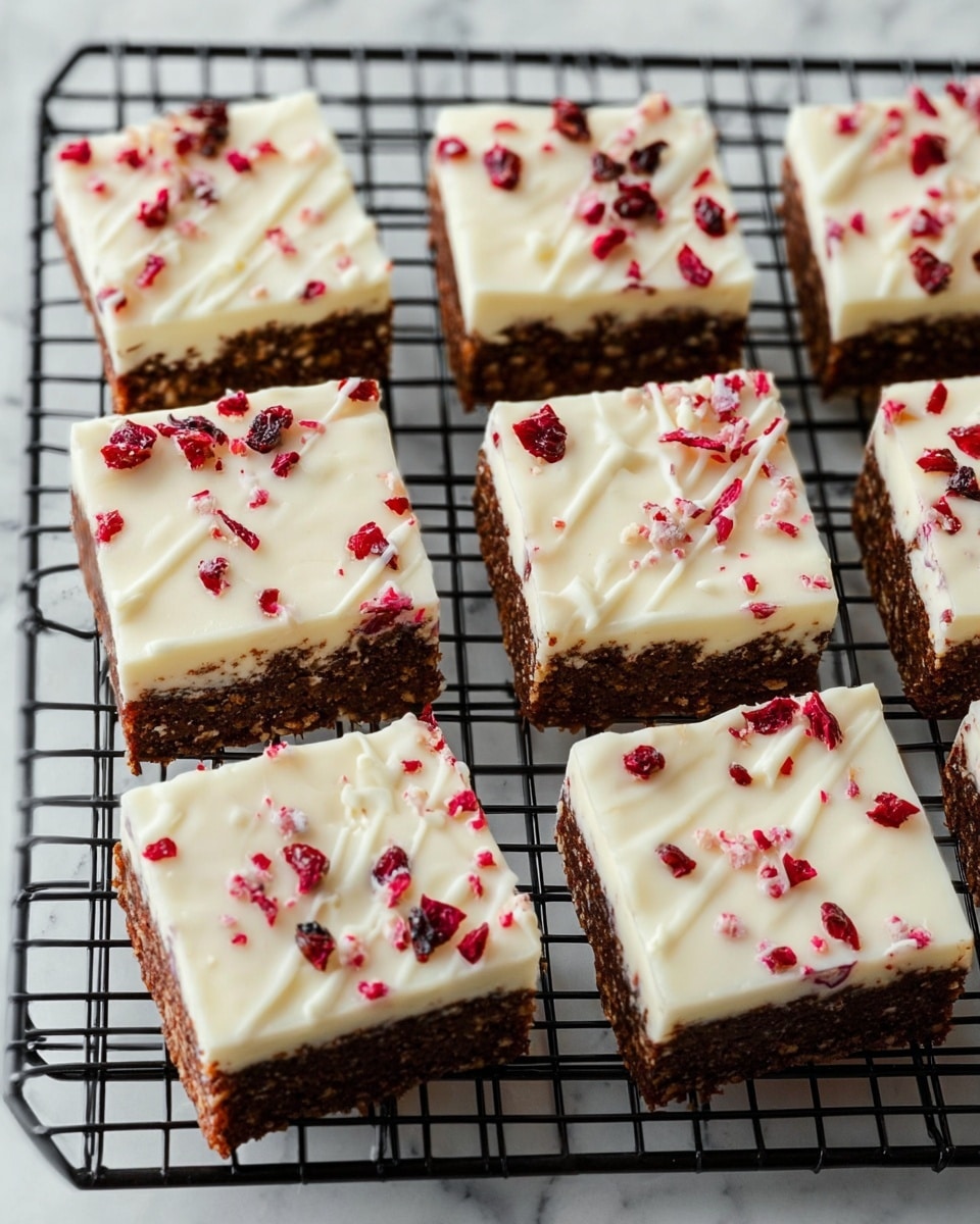 The image shows nine square pieces of a dessert arranged on a black wire cooling rack. Each piece has two layers: a dark brown bottom layer with a slightly rough texture and a thick smooth white top layer that looks like frosting. The white frosting is decorated with small scattered pieces of bright red dried fruit and some white drizzle on top. The overall look is neat, with clean square edges and a contrast between the dark base and white topping with red accents. The wire rack is placed on a white marbled surface. photo taken with an iphone --ar 4:5 --v 7