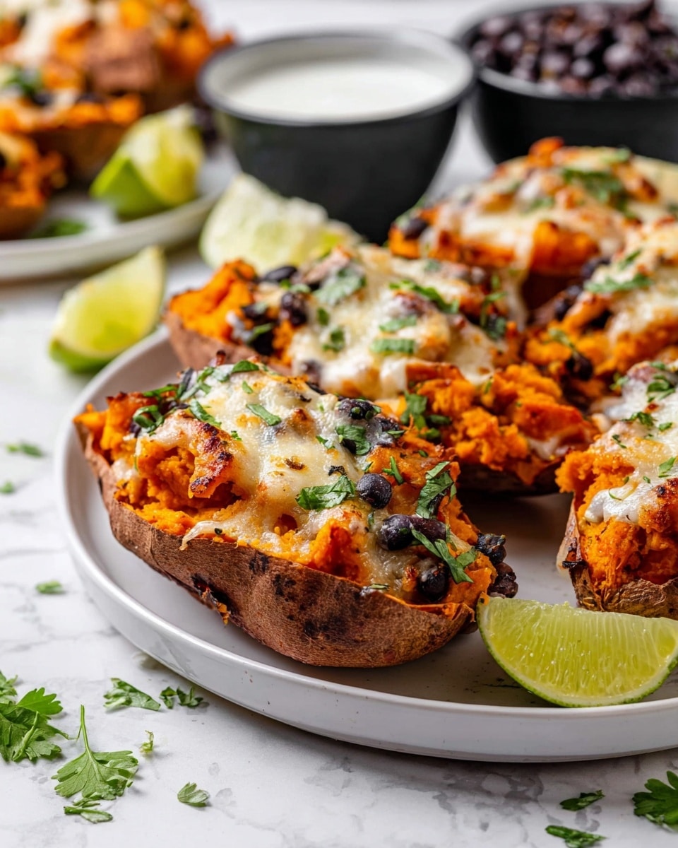 The image shows a white plate on a white marbled surface with several stuffed sweet potato halves. Each sweet potato has three layers: the bottom layer is the brown sweet potato skin, the middle layer is bright orange mashed sweet potato mixed with black beans and green herbs, and the top layer is melted white cheese with some browned, toasted spots and sprinkled fresh green herbs. One sweet potato half is in the front and close to the camera, showing the texture clearly. Surrounding the plate are small lime wedges and fresh green parsley. In the background, there is a small black bowl with white sauce and a white bowl with extra black beans. photo taken with an iphone --ar 4:5 --v 7