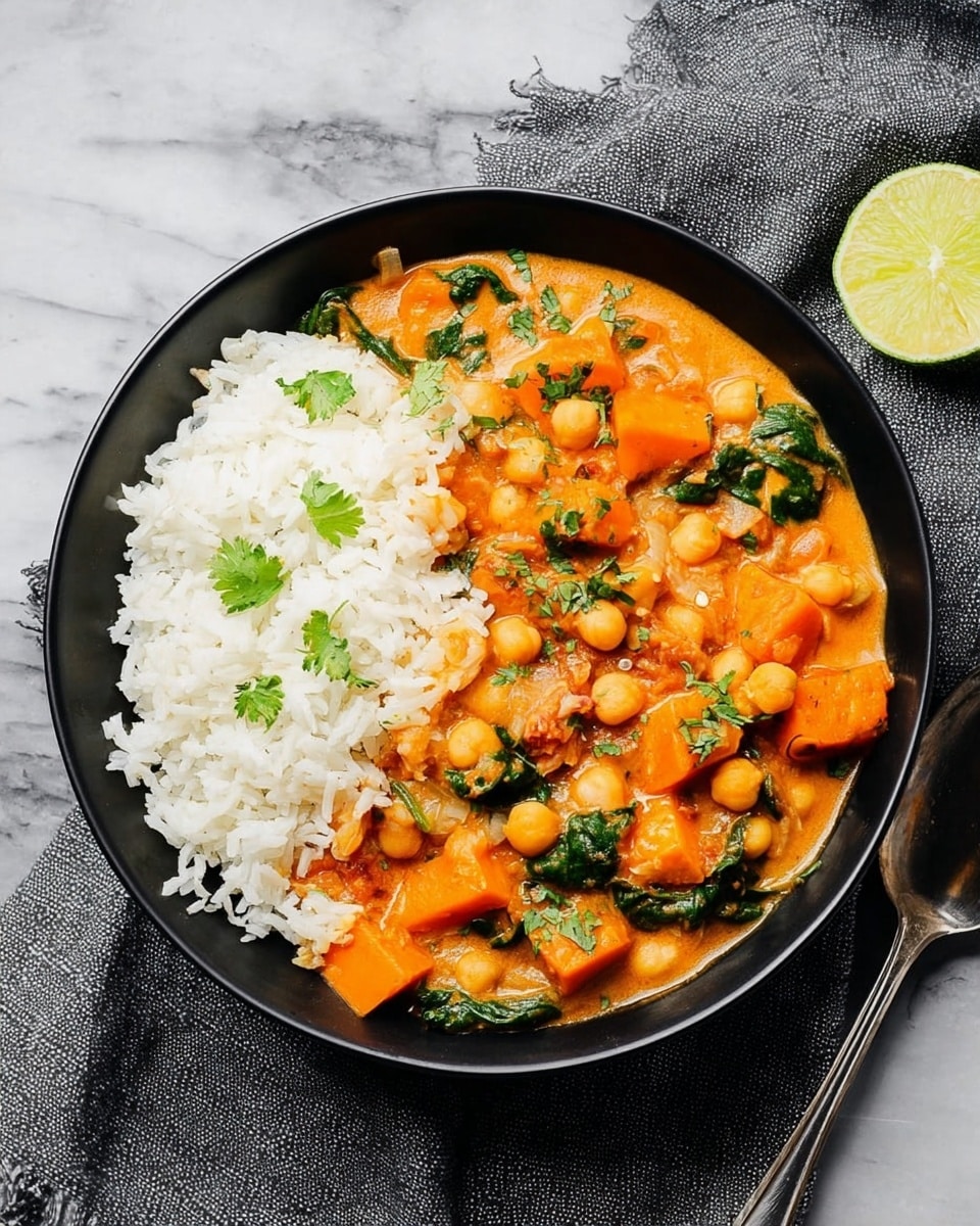 A black bowl filled with two main layers; on the left side is a layer of white fluffy rice with a few green herb leaves on top, and on the right side is a creamy orange curry with soft-looking chickpeas, diced orange sweet potatoes, wilted dark green spinach leaves, and chopped onions, all mixed in a thick sauce and garnished lightly with green herbs. The bowl is placed on a grey textured cloth over a white marbled surface, with a half lime visible on the top right side and a silver spoon resting near the bowl. Photo taken with an iphone --ar 4:5 --v 7