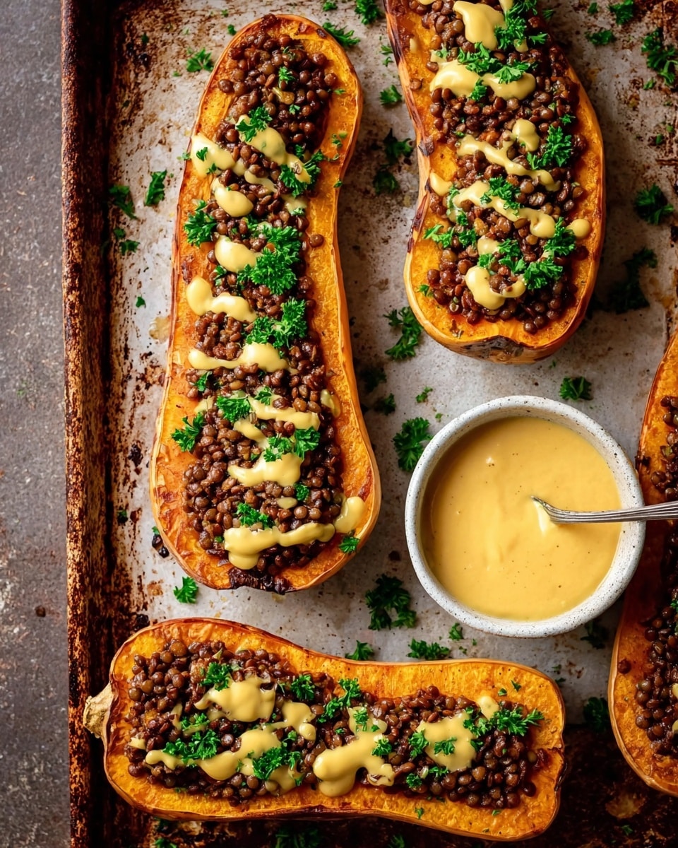 The image shows four halves of roasted butternut squash arranged on a rusty baking tray with a white marbled texture underneath. Each squash half is filled with a dark brown lentil mixture, topped with a smooth, pale yellow sauce drizzled unevenly across the lentils. Fresh bright green chopped parsley is sprinkled over the lentils and sauce in all squash halves for a pop of color. To the right side of the lower squash, there is a small white bowl filled with extra pale yellow sauce. The overall look is warm, rustic, and inviting. Photo taken with an iphone --ar 4:5 --v 7