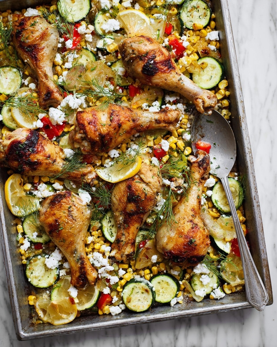 The image shows a white baking tray filled with several layers of food. The bottom layer has grilled slices of green zucchini, small yellow corn kernels, and chunks of red bell pepper, all mixed with sprinkles of white cheese and green herb leaves. On top of this vegetable mix, there are well-cooked chicken drumsticks with a golden brown color and some char marks. Near the center, a thick lemon slice with a pale yellow color rests among the vegetables. The whole scene is set on a white marbled surface. photo taken with an iphone --ar 4:5 --v 7