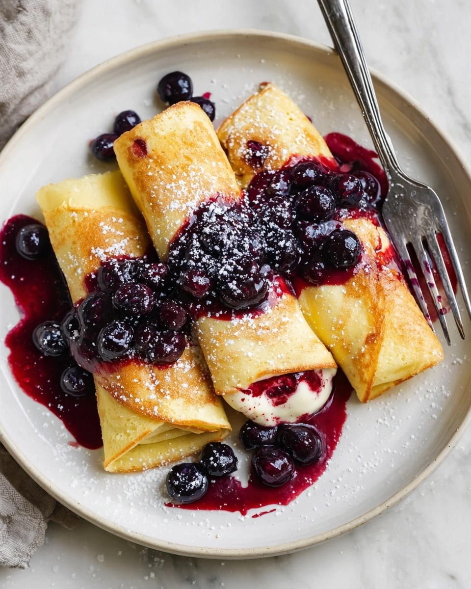 A white round plate filled with two folded golden crepes stacked side by side, each crepe topped with a thick, dark purple blueberry sauce with whole blueberries and some berry syrup spreading around. To the left of the crepes is a small square piece of crepe dusted with powdered sugar. The crepes themselves have a light dusting of powdered sugar on top, adding a soft white contrast. A silver fork with detailed patterns rests on the bottom left edge of the plate, with some berry sauce near the prongs. The plate is placed on a white marbled surface with a soft white cloth partially visible at the top. Photo taken with an iphone --ar 4:5 --v 7