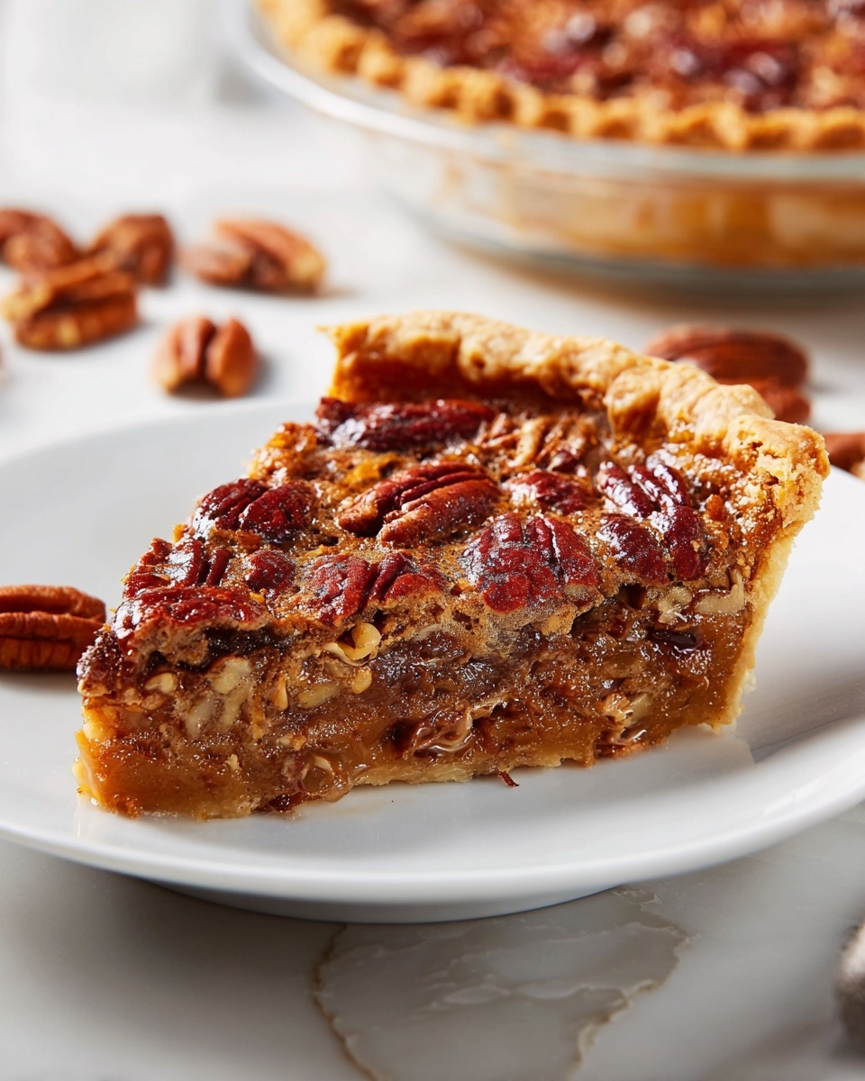 A slice of pecan pie sits on a white plate, showing three main layers: a light golden-brown crust, a thick caramel-brown filling, and a top layer covered with whole pecans that are glossy and dark reddish-brown. The edges of the crust are slightly rough and crisp. Around the plate, loose pecans are scattered on a white marbled surface. In the background, part of the pie is visible in a glass pie dish with a white marbled background. Photo taken with an iphone --ar 4:5 --v 7