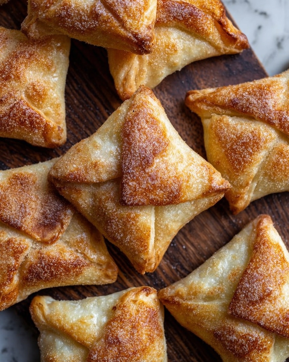The image shows several golden-brown pastry pockets arranged closely together on a dark baking tray. Each pastry is square with four corners folded neatly toward the center, creating a pinwheel shape with slightly puffed and flaky layers on top. The pastries have a light sprinkle of coarse sugar on the surface, giving a slightly sparkling effect, and parts of the dough have a slightly darker, toasted color, adding contrast to the overall light golden crust. The texture looks crisp and crunchy, with some edges showing small cracks and delicate layers of dough. photo taken with an iphone --ar 4:5 --v 7