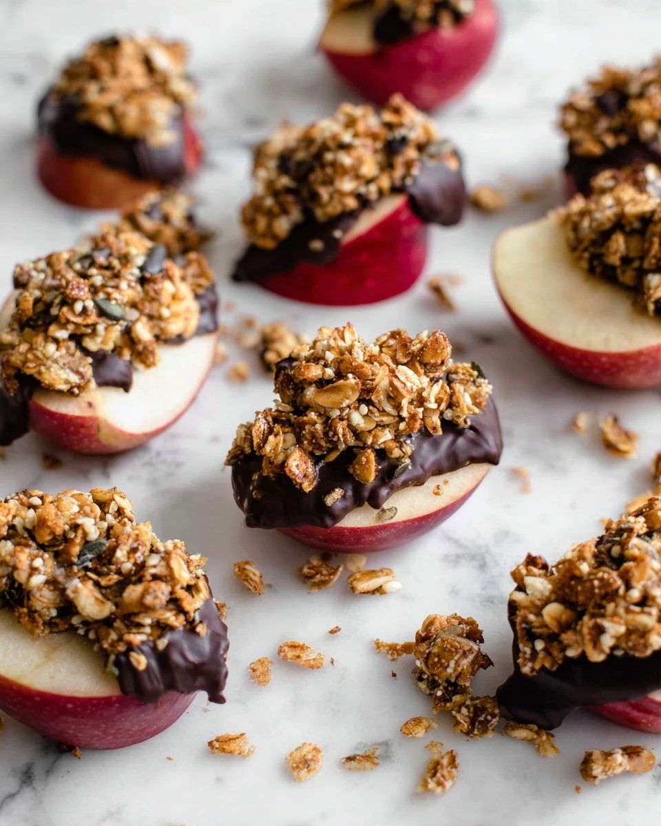 The image shows several red apple slices arranged on a white marbled surface. Each apple slice is layered with a smooth, dark chocolate coating covering the top edge, and a chunky granola topping placed on the chocolate. The granola is light brown with visible oats and pumpkin seeds, creating a rough, crunchy texture that contrasts with the smooth chocolate. The apple flesh is pale cream, smooth and shiny, while the red skin is visible on the bottom half of the slices. Some granola pieces are scattered around the slices on the surface, adding to the casual arrangement. photo taken with an iphone --ar 4:5 --v 7