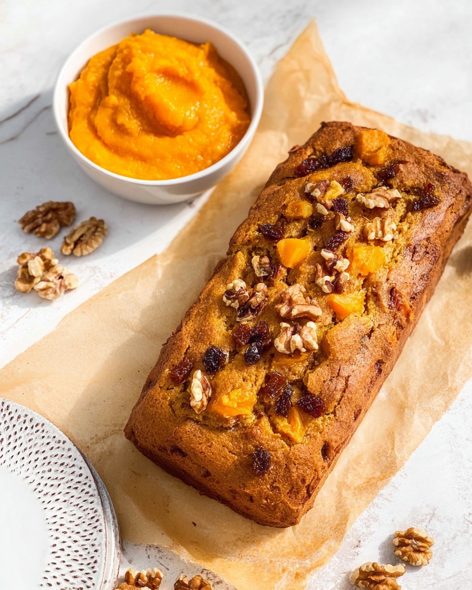 A loaf of brownish-orange bread sits on crinkled light brown parchment paper on a white marbled surface. The top layer of the loaf features pieces of orange sweet potato chunks and brown walnut halves scattered unevenly. Three thick slices lie in front of the main loaf, showing a crumbly texture with embedded walnut pieces and orange sweet potato chunks inside. Additional walnut halves are scattered around the parchment paper. The scene is lit softly, enhancing the warm tones of the bread and toppings. photo taken with an iphone --ar 4:5 --v 7