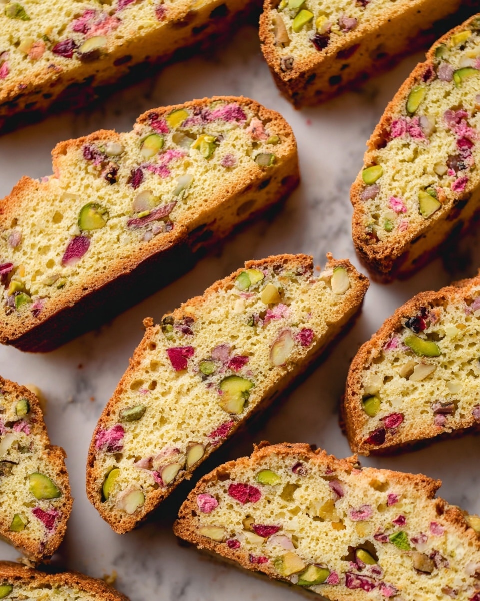 Several slices of biscotti are placed closely together on a white marbled surface. Each slice shows a dense, pale yellow interior filled with small pieces of pink and red dried fruit, green pistachio nuts, and some darker specks, providing a textured and colorful look. The outside edges have a golden brown, slightly crisp crust. The biscotti slices are arranged in a neat, slightly overlapping pattern, showing their elongated, semi-oval shape. The photo taken with an iphone --ar 4:5 --v 7