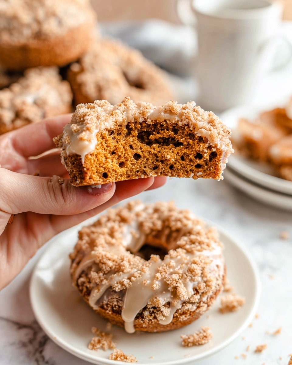 The image shows several round, textured donuts with a crumbly, golden-brown appearance arranged on a gold wire cooling rack. Each donut is covered with a light beige glaze that drips down the sides unevenly, creating a rustic look. The cooling rack is over a brown parchment paper with some glaze drips collected on it. In the background, a transparent glass bowl containing extra glaze is visible against a white marbled surface. The overall colors are warm golds and creamy whites, with a rough donut texture highlighted by the smooth glaze flowing over it photo taken with an iphone --ar 4:5 --v 7