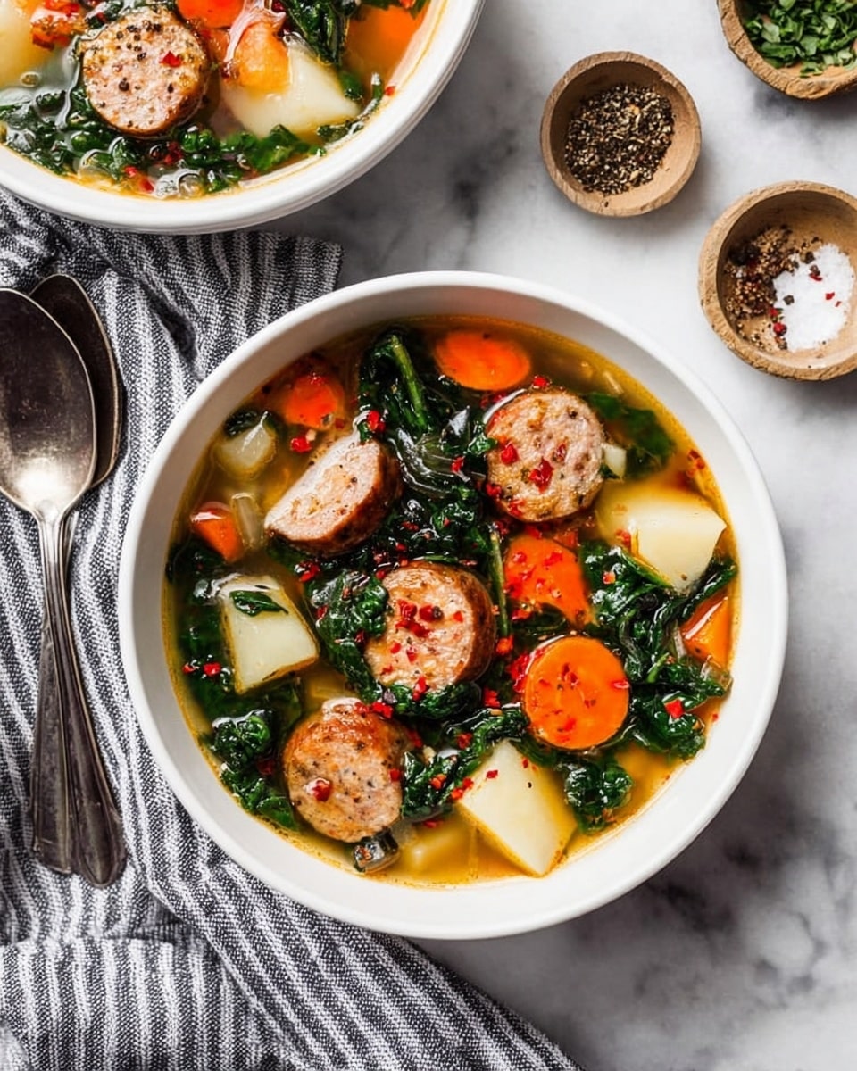 The image shows a white bowl filled with soup on a white marbled surface. Inside the soup, there are layers of thick sausage slices that are light brown with a cooked texture, bright orange carrot rounds, white potato cubes, and dark green leafy vegetables all in a clear broth with specks of red chili flakes on top. The bowl is near a striped gray cloth and two metal spoons are placed next to it. A part of another similar bowl with soup is seen at the top left, and small bowls with spices like black pepper sit near the top right. Photo taken with an iphone --ar 4:5 --v 7