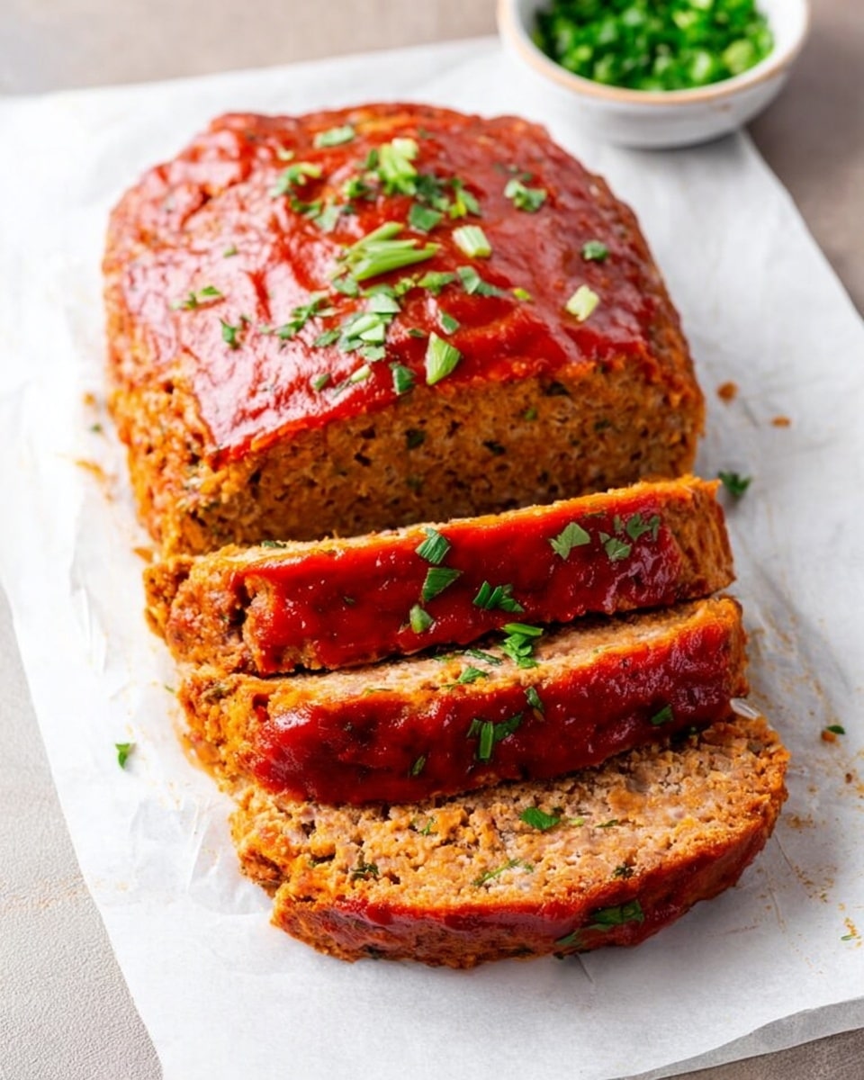 A sliced meatloaf is shown on a white marbled surface covered with parchment paper, featuring three thick slices in front of the intact loaf. The meatloaf is a warm brown-orange color with a slightly glossy texture on top, which is coated with a smooth layer of bright red sauce. Small pieces of chopped fresh green herbs are sprinkled over the top and slices, adding a touch of green contrast. In the background, there is a small round white bowl filled with chopped green herbs. The overall setting is simple and clean. photo taken with an iphone --ar 4:5 --v 7