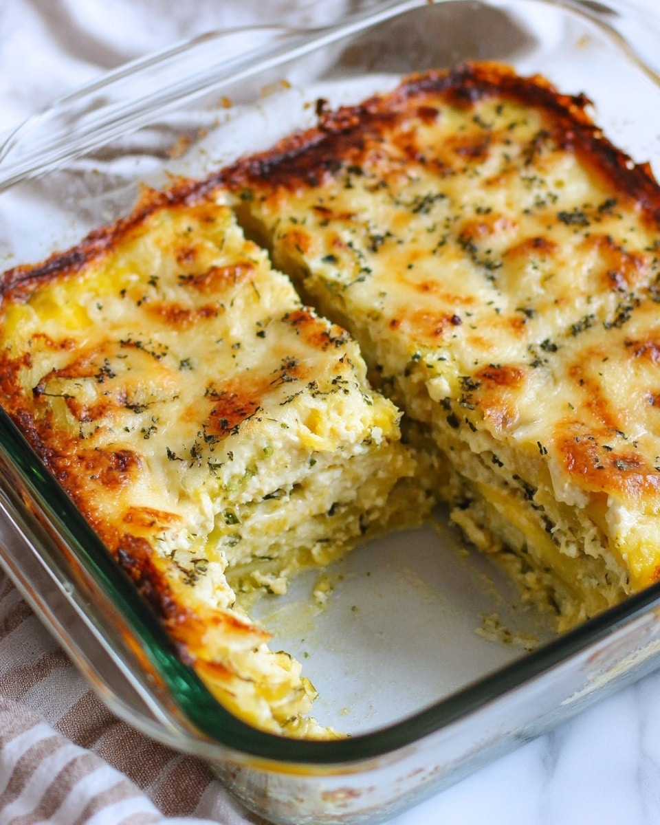 A clear glass baking dish holds a casserolish baked dish divided into four square pieces with one piece partially removed, showing three layers: a golden brown top layer with melted and slightly browned cheese, a middle light yellow layer mixed with small green bits like herbs or vegetables, and a bottom layer with similar yellow and green texture but denser. The dish sits on a white marbled surface, with a white cloth with brown stripes peeking underneath one side. Photo taken with an iphone --ar 4:5 --v 6.1