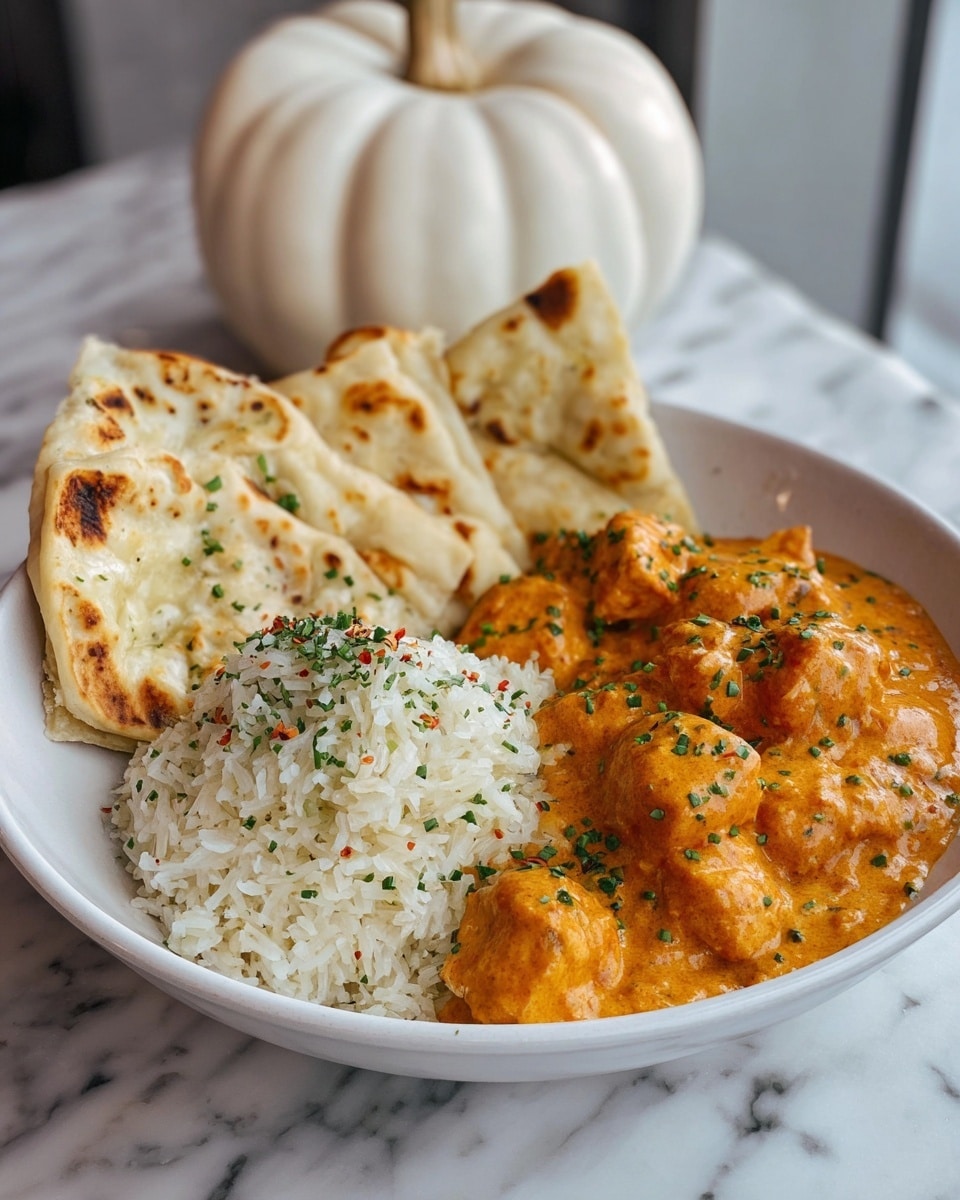 A white bowl holds three main layers of food arranged side by side: on the left, several pieces of folded, soft flatbread with light brown spots; in the middle, a mound of fluffy white rice sprinkled with bits of chopped green herbs; on the right, chunky pieces of food covered in a thick, bright orange creamy sauce speckled with small green herbs and tiny red flakes. The bowl sits on a white marbled surface with a white pumpkin decoration in the blurred background. Photo taken with an iphone --ar 4:5 --v 7
