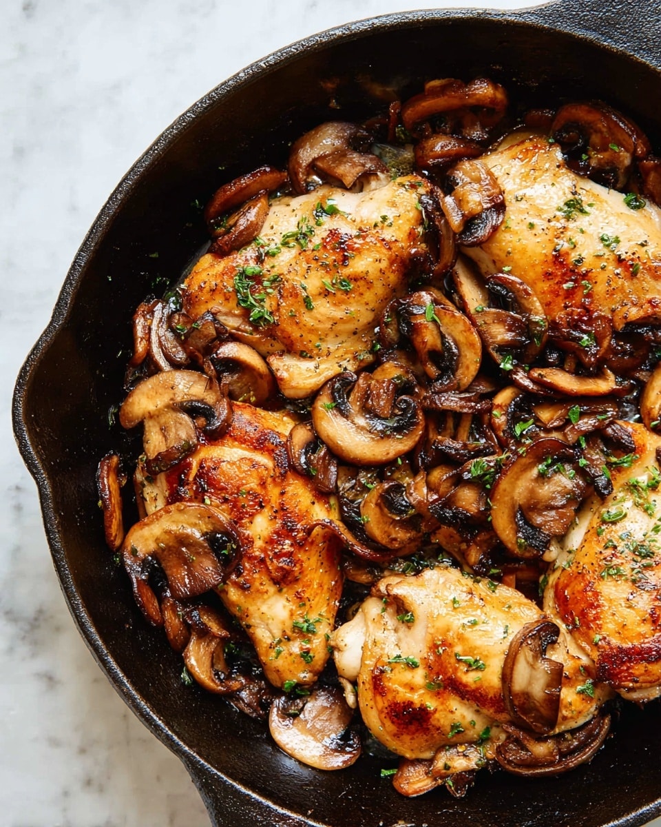 The image shows a black cast iron skillet filled with four cooked golden brown chicken pieces placed close together, each topped with sliced, cooked mushrooms that are a deep golden brown with some darker edges. The chicken and mushrooms are garnished with small green herb bits evenly scattered on top. The skillet is sitting on a white marbled surface. photo taken with an iphone --ar 4:5 --v 7