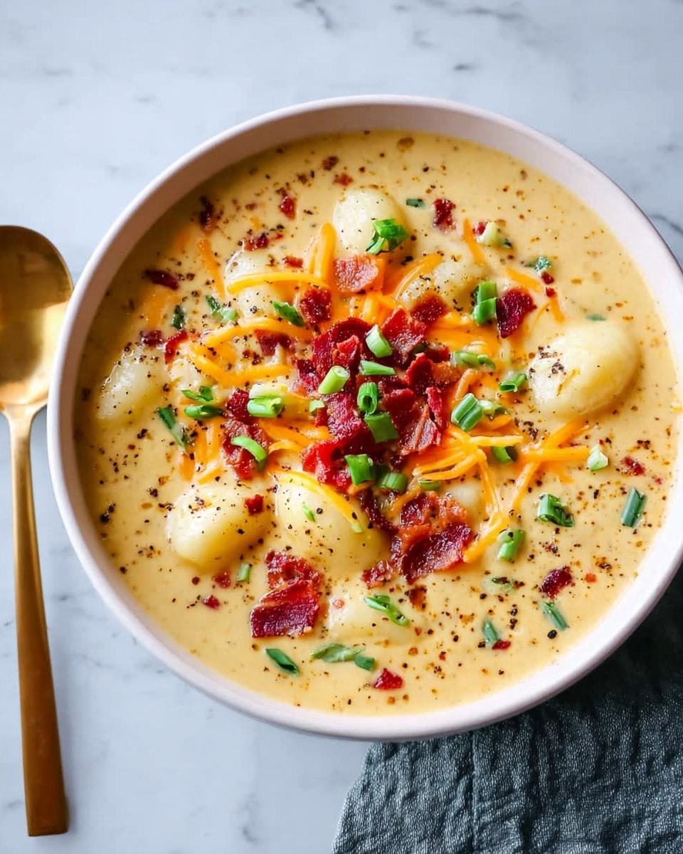 A white bowl filled with creamy yellow soup that has a smooth texture with small gnocchi floating inside. On top, there are scattered shredded orange cheese pieces and small dark red crispy bacon bits. Green chopped scallions are sprinkled evenly over the surface with a light dusting of black pepper. The bowl sits on a white marbled surface with a golden spoon placed to the left side of the bowl. Photo taken with an iphone --ar 4:5 --v 7