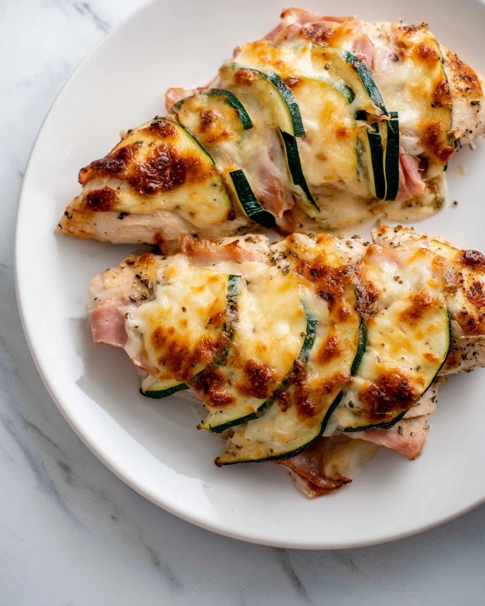 A thick piece of cooked chicken lies on a white plate on a white marbled surface, topped with layered thin green zucchini slices, browned strips of bacon, and melted golden cheese that covers the top fully, slightly crisped on the edges. Next to the chicken, bright green broccoli florets sit fresh. A woman's hand holds a fork lifting a bite-sized piece showing the soft white inside of the chicken along with the layered zucchini, bacon, and cheese. In the background, there's another similar white plate with the same dish slightly out of focus, enhancing the main dish’s details. Photo taken with an iphone --ar 4:5 --v 7