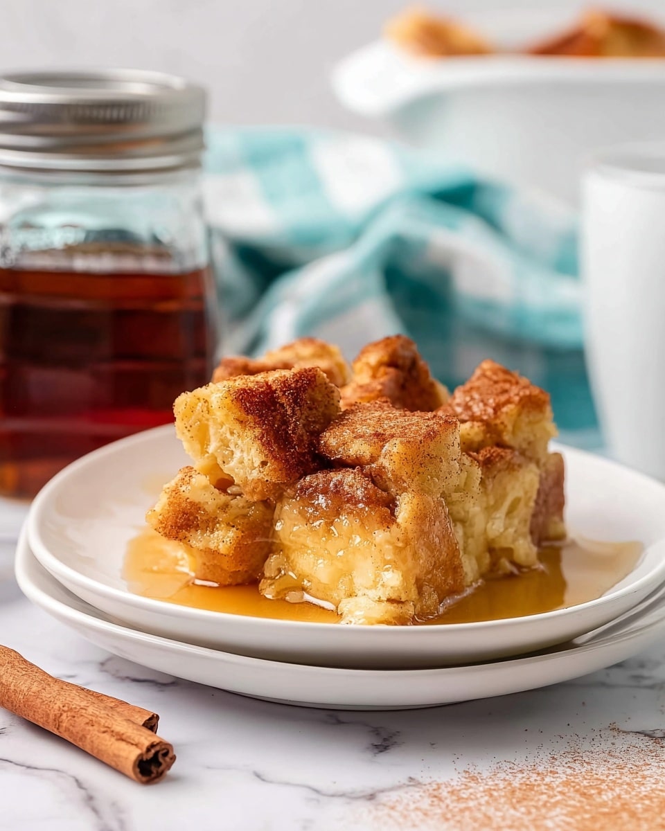 A piece of bread pudding with a golden brown top layer showing crispy toasted bread chunks, melting into a soft, creamy inner layer of custard-soaked bread with a light yellow color, drizzled with a shiny amber syrup that pools slightly at the base. The pudding rests on a white plate stacked on another white plate, both placed on a white marbled surface. In the background, a glass syrup jar with a metal lid and a silver spout is partly visible, along with a pale blue and white checkered cloth softly blurred in the back. A single cinnamon stick lies to the left on the surface beside a light dusting of cinnamon powder. Photo taken with an iphone --ar 4:5 --v 7