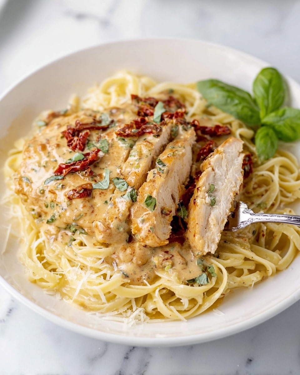 On a white plate, there is a layer of light yellow pasta with visible green herbs mixed throughout, arranged in a loose pile. On top of the pasta, there is a thick, creamy sauce with a light orange color, embedded with small pieces of red and green bits, giving a textured look. A few fresh green basil leaves sit on the side for garnish. Next to the plate, a silver fork rests on the white marbled surface, and in the background, there is another similar plate slightly blurred. The whole scene is set on a white marbled surface, with a white rice cooker and a small salt and pepper set nearby. Photo taken with an iphone --ar 4:5 --v 7