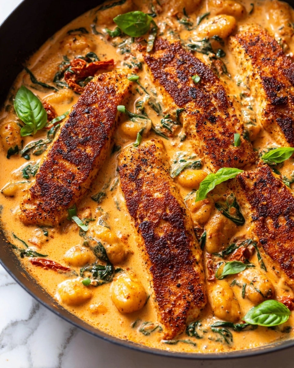 A close-up view of a black skillet filled with creamy orange sauce and gnocchi. The sauce is smooth and thick with green spinach leaves and small sun-dried tomato pieces mixed inside. On top, four long, seasoned, and cooked fish fillets with a dark crispy crust lie side by side, their reddish-brown color contrasting with the light sauce. Fresh green basil leaves are scattered over the dish for garnish. The surface underneath the skillet is a white marbled texture. photo taken with an iphone --ar 4:5 --v 7