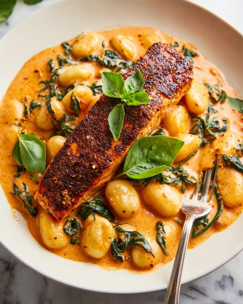 A white round plate on a white marbled surface holds a creamy orange sauce filled with soft gnocchi and wilted green spinach leaves, giving a rich, textured look. On top of this layer, a long piece of salmon with a dark, crispy, spice-coated crust lies across the middle, garnished with a few fresh green basil leaves. A silver fork rests on the right side of the plate, partially dipped into the sauce. Photo taken with an iphone --ar 4:5 --v 7