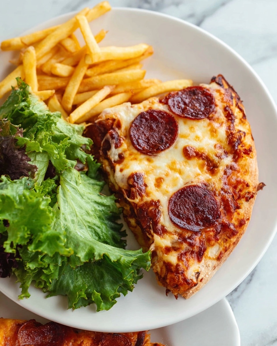 A white plate holds a serving of food on a white marbled surface. The plate has a slice of pizza with a layer of golden brown melted cheese showing some browned spots, topped with three round, dark reddish-brown pepperoni slices. Next to the pizza slice are golden yellow French fries with a slightly crispy texture. On the side of the plate, there are fresh green leaf lettuce with ruffled edges in light and darker green tones. Part of another slice of the same pepperoni pizza can be seen at the bottom right corner of the image. Photo taken with an iphone --ar 4:5 --v 7