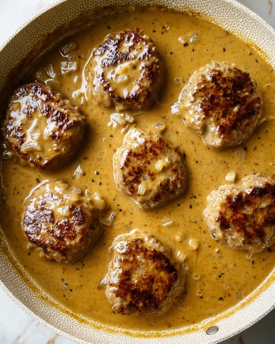 The image shows seven round pieces of browned meat simmering in a thick, creamy light brown sauce inside a white pan with a patterned rim. Each meat piece has a slightly rough texture with visible bits of onion and browned spots on the surface. The sauce covers most of the meat, with a smooth and glossy look. The entire pan sits on a white marbled surface. Photo taken with an iphone --ar 4:5 --v 7