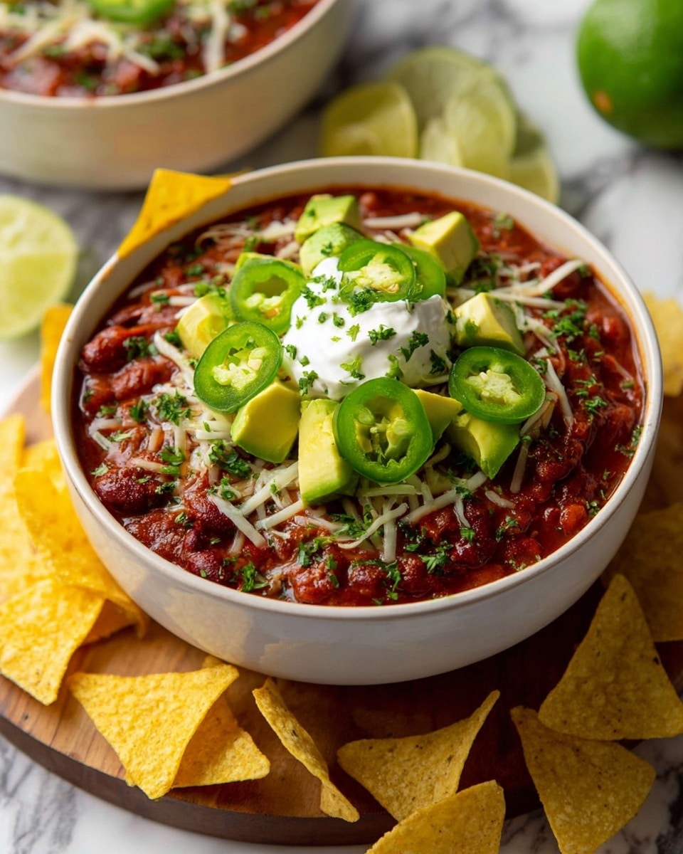 A white bowl filled with three layers: the bottom layer is a chunky dark red chili with visible beans and small vegetable pieces, the middle layer is shredded white cheese scattered across the chili, and the top layer has a dollop of white sour cream in the center, surrounded by bright green sliced jalapeños and cubed avocado, all sprinkled with finely chopped green herbs. The bowl sits on a wooden board, surrounded by yellow tortilla chips and a green lime, with a white marbled surface in the background. photo taken with an iphone --ar 4:5 --v 7