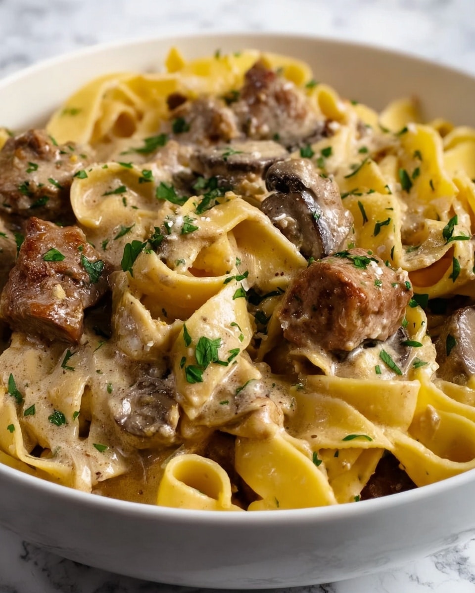 A white bowl filled with wide, flat yellow pasta ribbons layered with chunks of browned meat coated in a creamy sauce. The pasta has a slightly ruffled texture and is mixed evenly with the sauce, with small green parsley pieces sprinkled on top for color. The creamy sauce looks rich and has a smooth texture that coats the pasta and meat. The background is a white marbled surface. photo taken with an iphone --ar 4:5 --v 7
