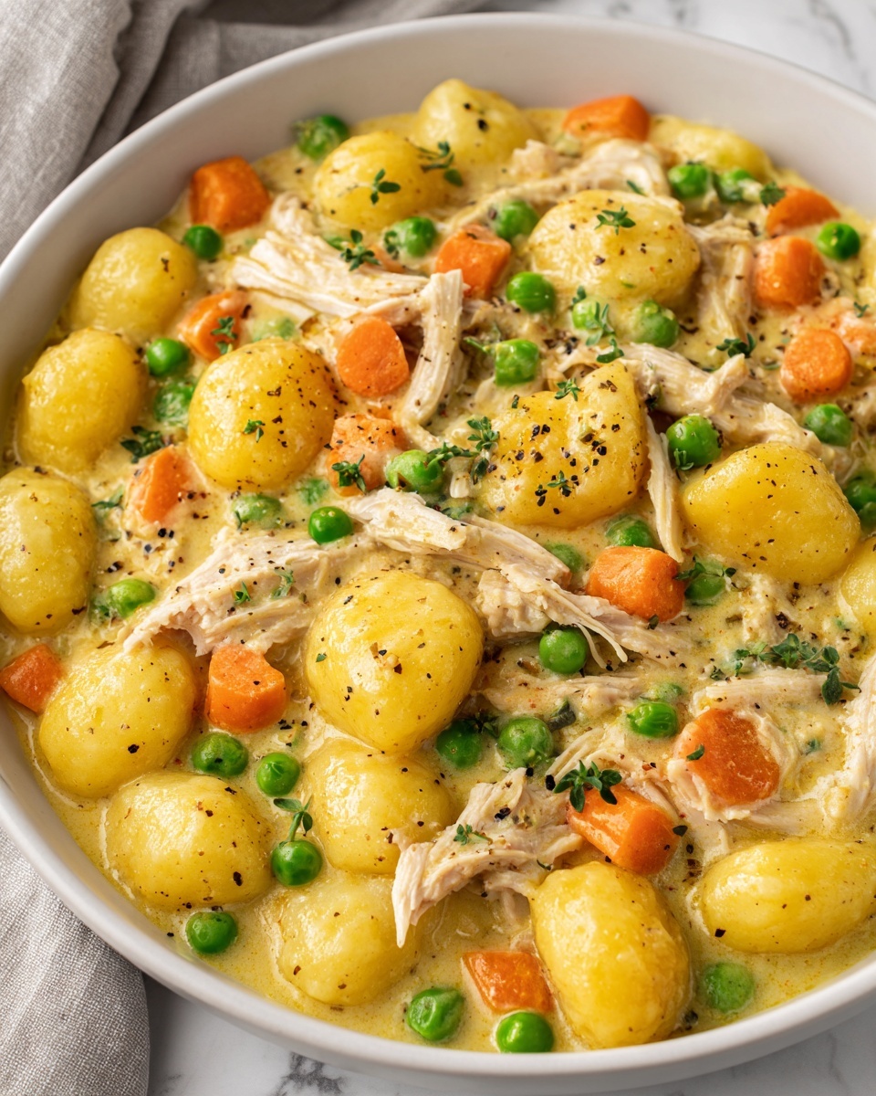The image shows a close-up of a creamy chicken and vegetable dish in a white bowl, placed on a white marbled surface. The dish has three main layers: large pieces of light beige shredded chicken scattered throughout, plump small round yellow potatoes covered in sauce, and bright green peas mixed evenly with small orange carrot cubes, all coated in a thick yellowish creamy sauce with small black pepper specks on top, giving a soft texture and rich look overall. Photo taken with an iphone --ar 4:5 --v 7
