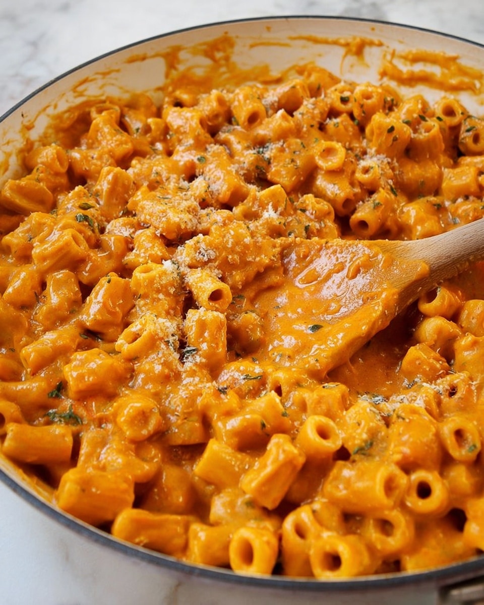 This image shows a close-up of many small tube-shaped pasta pieces covered in a thick, creamy orange sauce with small bits of green herbs mixed in. The pasta looks soft and is coated evenly with the sauce, and there is some grated cheese sprinkled on top. A wooden spoon is partially dipped into the dish on the right side, stirring the pasta. The food is in a white pan with a thin dark rim, sitting on a white marbled surface. photo taken with an iphone --ar 4:5 --v 7