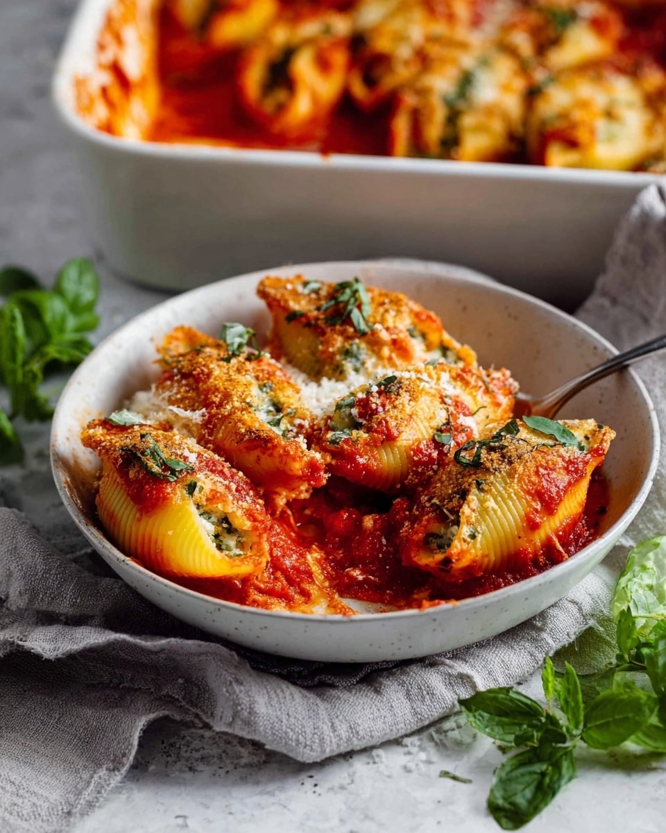 A white bowl filled with four large pasta shells layered with bright red tomato sauce, golden crispy baked cheese, and green herb leaves scattered on top; the pasta shells have a textured, slightly rough surface and are stuffed inside, partly covered in sauce, with some grated white cheese melting on the sides. The bowl sits on a soft light gray cloth, with fresh green herb leaves around it, and a white baking dish with matching pasta shells and sauce is visible in the background. The surface underneath is white marbled texture. photo taken with an iphone --ar 4:5 --v 7