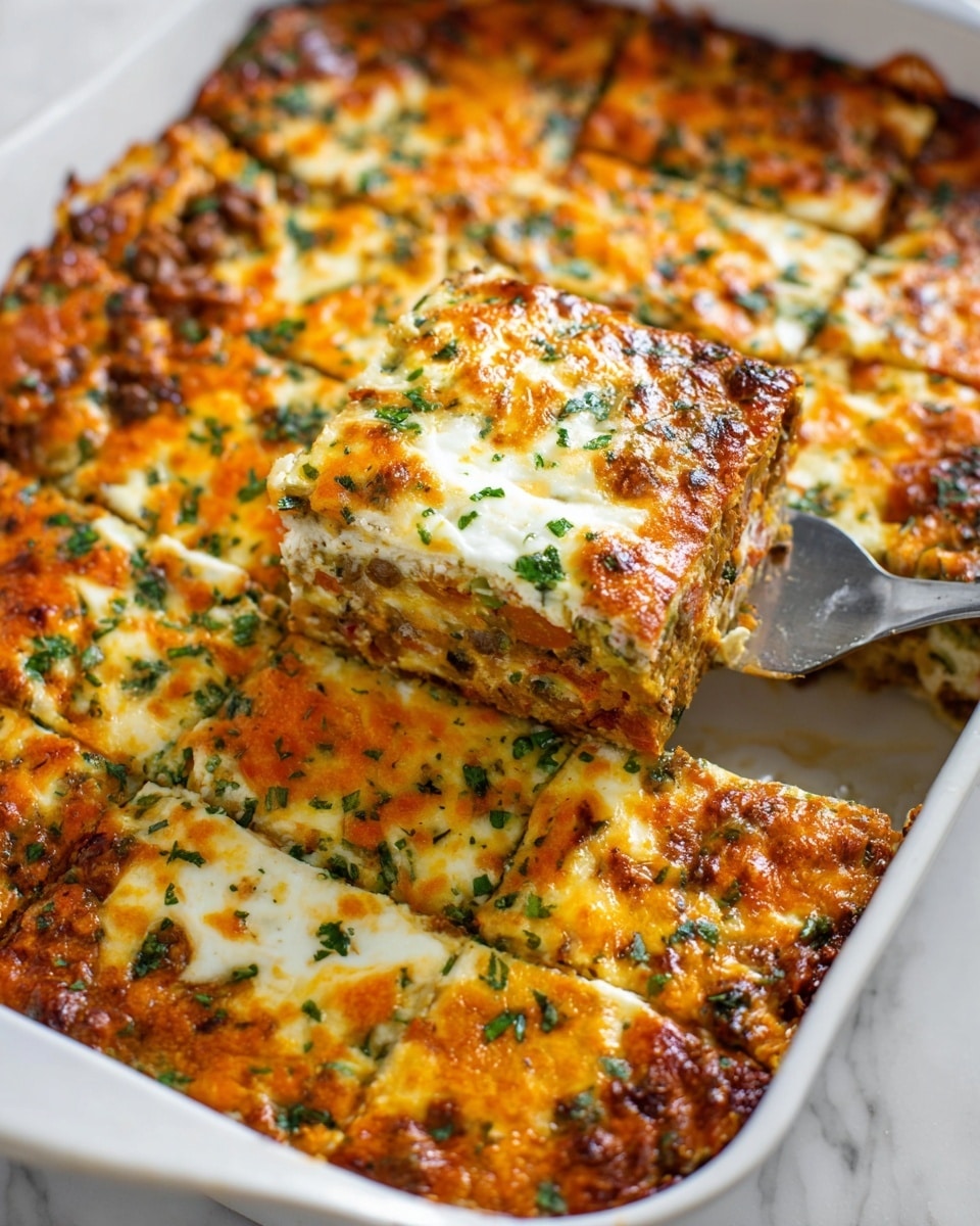 The image shows a white baking dish filled with a baked casserole cut into square pieces. The dish has three visible layers: the bottom layer is a mixed vegetable and meat base in brown tones, the middle layer is creamy white with swirls of orange, and the top layer is melted cheese browned in spots with green herbs sprinkled all over. One square piece is lifted with a metal spatula, highlighting the mixed colors and textures within. The baking dish sits on a white marbled surface. Photo taken with an iphone --ar 4:5 --v 7