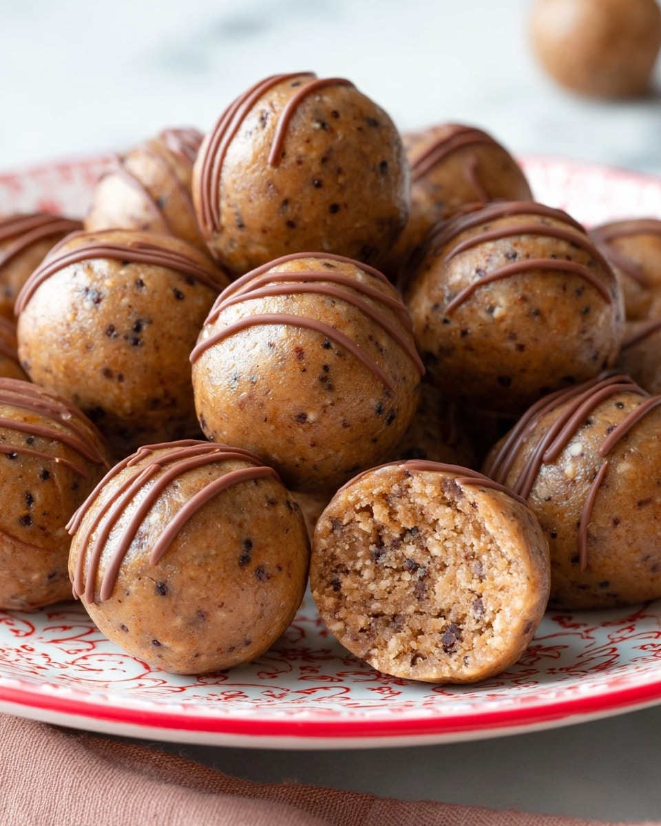 A close-up view of many round energy balls piled on a white plate with red and gold patterns along the edge. The balls are light brown with visible small dark specks and a smooth texture. Some balls have lines of melted milk chocolate drizzled on top in parallel strokes. One ball in the front is cut in half, showing a dense, grainy inside with more dark specks and a moist crumbly texture. The scene is set on a white marbled surface and softly lit, highlighting the smooth and rough textures of the balls. photo taken with an iphone --ar 4:5 --v 7