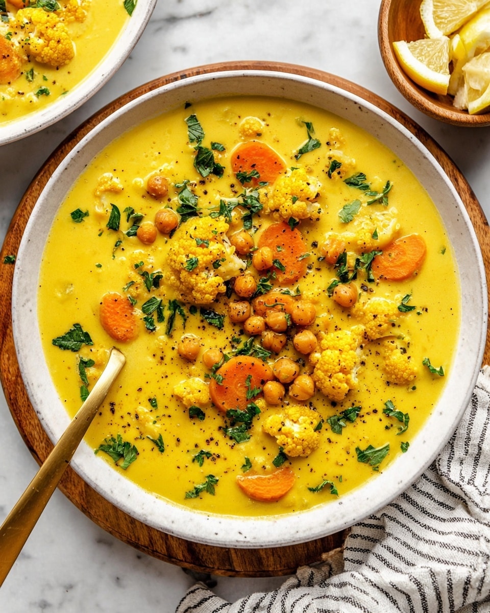 A white bowl filled with thick bright yellow creamy soup forms the base layer, topped with roasted chickpeas that are golden brown and slightly crispy, scattered evenly across the surface. Orange chunks of roasted carrots and light golden roasted cauliflower florets add texture and color contrast on top, with fresh green chopped herbs sprinkled lightly over everything. A silver spoon rests on the edge of the bowl, and the bowl sits on a wooden board, all set on a white marbled surface. Photo taken with an iphone --ar 4:5 --v 7