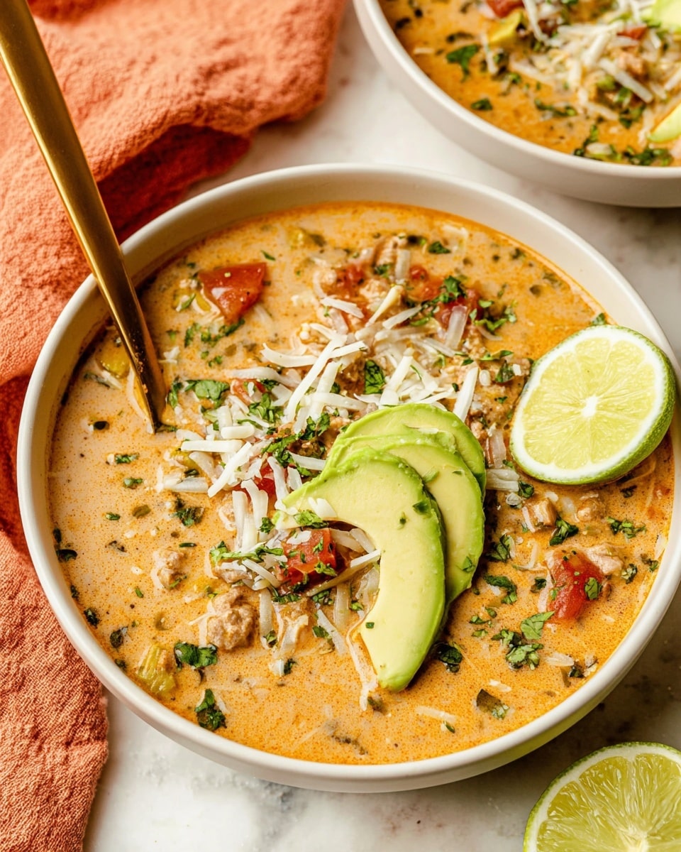 A creamy soup served in a white bowl, filled with a thick layer of orange-brown broth mixed with small chunks of cooked meat and red tomatoes spread throughout. On top, there are scattered pieces of green avocado slices, finely chopped green herbs, and a thin layer of shredded white cheese. A slice of lime leans against the side of the bowl, and a golden spoon rests inside. The bowl is placed on a white marbled surface with a soft orange cloth in the background. Another similar bowl is softly blurred in the background. Photo taken with an iphone --ar 4:5 --v 7