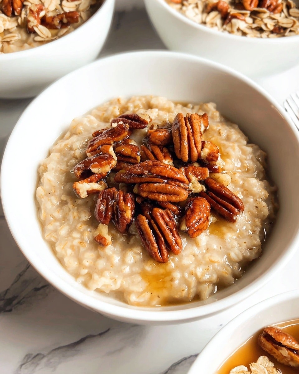 A white bowl filled with creamy, light beige oatmeal topped with a generous layer of whole and broken pecans in a rich golden syrup, creating a textured contrast between the soft oatmeal base and the crunchy pecans on top, all set on a white marbled surface with parts of other white bowls of oatmeal visible in the background, photo taken with an iphone --ar 4:5 --v 7