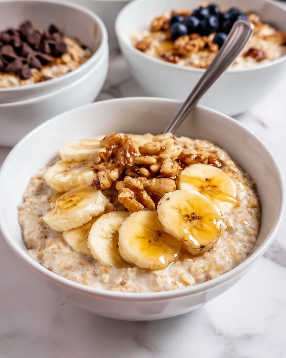 A white bowl filled with creamy oatmeal as the base layer, topped with several round slices of yellow banana arranged neatly in the center. On top of the banana, small pieces of brown walnuts are scattered evenly, and a golden syrup is drizzled over everything, giving a shiny touch. A silver spoon is placed inside the bowl, resting on the oatmeal near the rim. In the background, two more white bowls are slightly blurred, one with dark brown chocolate chips on top and the other with plain oatmeal and a few blueberries visible. The setting is on a white marbled surface. Photo taken with an iphone --ar 4:5 --v 7