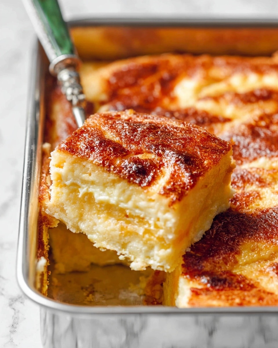 A square piece of layered dish sits on a white plate with a ridged edge, placed on a white marbled surface. The top layer is golden brown with a slightly crispy texture, showing some darker roasted spots. Underneath the top, there is a creamy light yellow layer with smooth texture, followed by a thick layer of chunky filling in light brown with visible pieces of red pepper spread evenly inside. The bottom layer appears firm and pale, holding the whole piece together. A silver fork rests at the front right edge of the plate, with a woman's hand reaching in from the right side of the frame. photo taken with an iphone --ar 4:5 --v 7