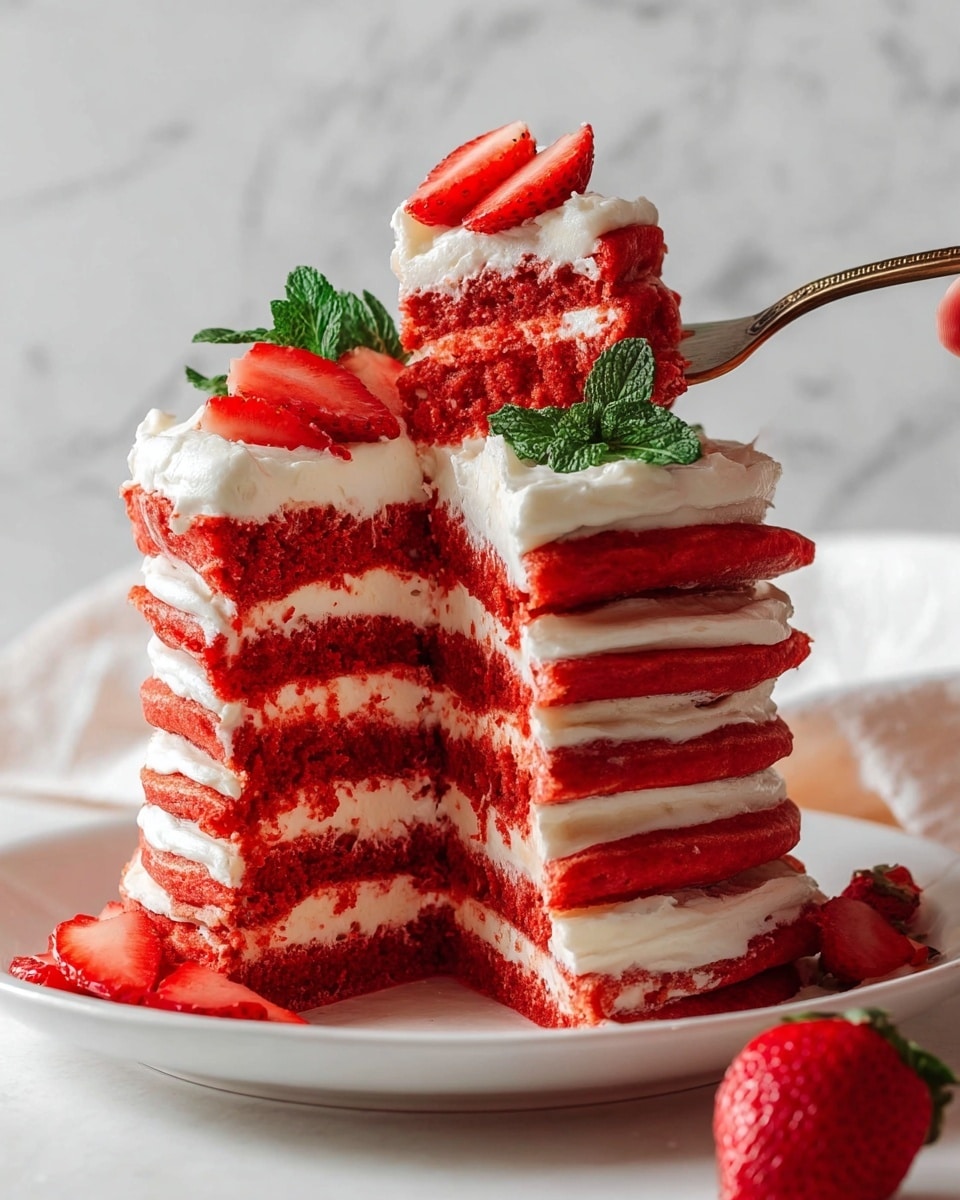 A tall stack of six bright red pancakes sits on a white plate, each pancake separated by a thick layer of white cream. On top, the cream is spread evenly and decorated with red strawberries and fresh green mint leaves. Around the plate and the surrounding white marbled surface, there are whole strawberries scattered, adding a fresh touch. The background is softly blurred with white and light tones, giving a clean and simple look. photo taken with an iphone --ar 4:5 --v 7