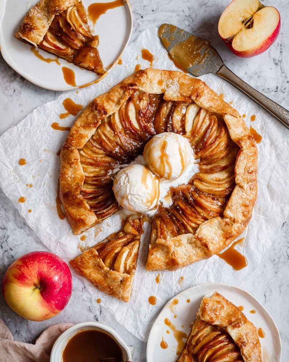 A round apple galette with a golden-brown crust is shown on white parchment paper over a white marbled surface. The crust is thick, folded over the edges of the apples arranged in concentric layers, with the apple slices showing a mix of caramelized yellow and brown tones. On top of the apples are three dollops of white vanilla ice cream, drizzled with caramel sauce that also lightly decorates the crust and parchment. Nearby, there is a speckled white plate with two spoons, a stick of plant butter, and slices of red apples. Photo taken with an iphone --ar 4:5 --v 7