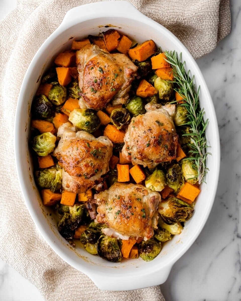 A white oval dish filled with a layer of roasted orange sweet potato cubes at the bottom, topped with a mix of roasted green Brussels sprouts cut in half, and four golden-brown roasted chicken thighs placed evenly on top. Each chicken thigh has visible crispy skin with some herbs sprinkled on it. A small sprig of fresh rosemary rests on the right side of the dish. The dish is placed on a white marbled surface with a light beige textured cloth nearby. photo taken with an iphone --ar 4:5 --v 7