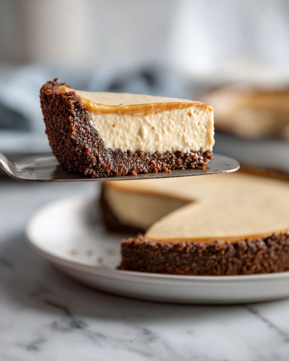 The image shows a pie with two layers in a white dish. The bottom layer is dark brown with a rough, crumbly texture, forming a thick crust that lines the sides and bottom of the dish. The top layer is creamy and smooth with a pale beige color, spread evenly over the crust. One slice has been taken out, revealing the clean edge of the creamy layer above the dark crust, with some crumbs scattered inside the empty space. The dish is set on a white marbled surface. Photo taken with an iphone --ar 4:5 --v 7