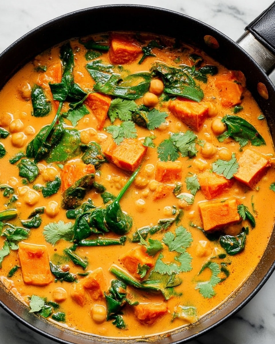 The image shows a black skillet filled with an orange curry soup, with chunks of orange sweet potato scattered throughout. Green spinach leaves and small round white chickpeas are mixed evenly in the curry, with fresh green cilantro leaves sprinkled on top. The sauce is creamy and smooth, covering all the ingredients, and the skillet is placed on a white marbled surface. photo taken with an iphone --ar 4:5 --v 7