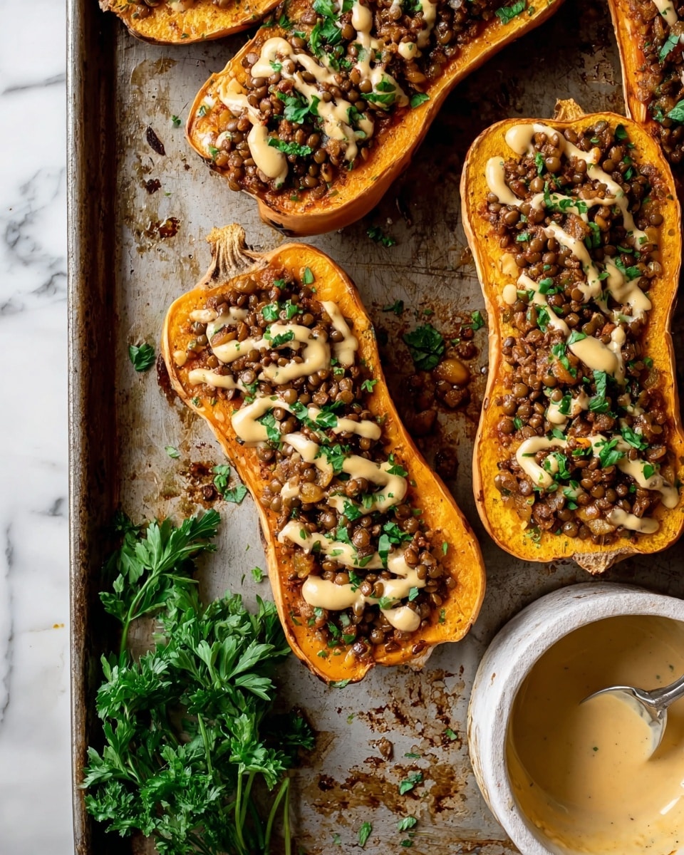 The image shows four halves of roasted orange squash placed on a metal baking tray, each filled with a brown lentil mixture with some visible pieces of onion. The lentil topping is scattered with small green herbs, adding a fresh pop of color. Swirls of a creamy beige sauce are drizzled unevenly over the lentils in each squash half. On the left side of the tray, there is a small bunch of fresh flat-leaf green parsley. To the bottom right, a white sauce container holds more of the creamy beige sauce, with some sauce dripping on its edge. The tray has some browned spots and food marks, enhancing the rustic and homemade feel. The background surface is a white marbled texture. photo taken with an iphone --ar 4:5 --v 7