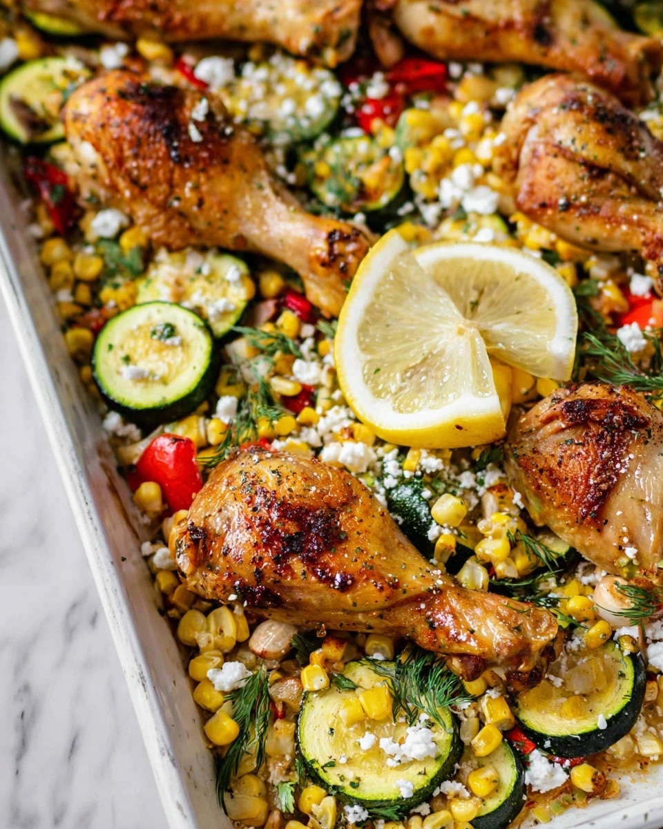 A metal baking tray holds six cooked chicken drumsticks scattered on a bed of grilled zucchini slices, yellow corn kernels, and small red bell pepper pieces. White crumbled cheese is sprinkled over the vegetables, and small green dill sprigs add freshness. Three lemon slices sit near the top edge of the tray. A silver spoon rests on the right side among the vegetables and chicken, all placed on a white marbled surface. Photo taken with an iphone --ar 4:5 --v 7